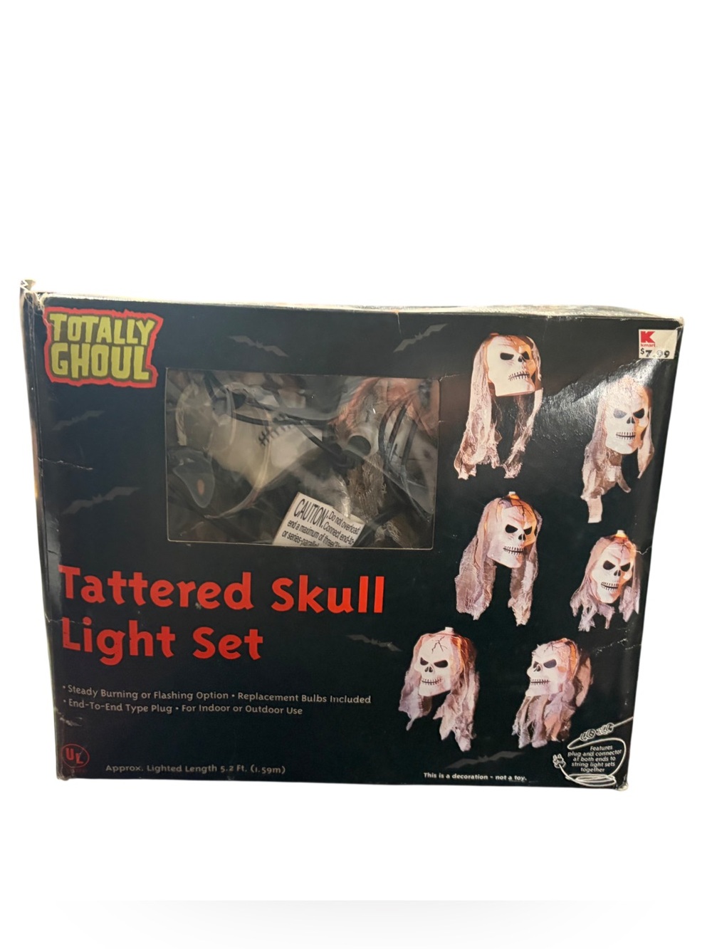 Vintage Totally Ghoul Halloween Tattered Skull 5 Ft. String Light Set In Box